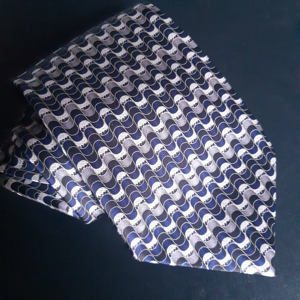 Salvatore Pellegrino Silk Tie Blue, Grey Black & White Wavy Pattern Tie